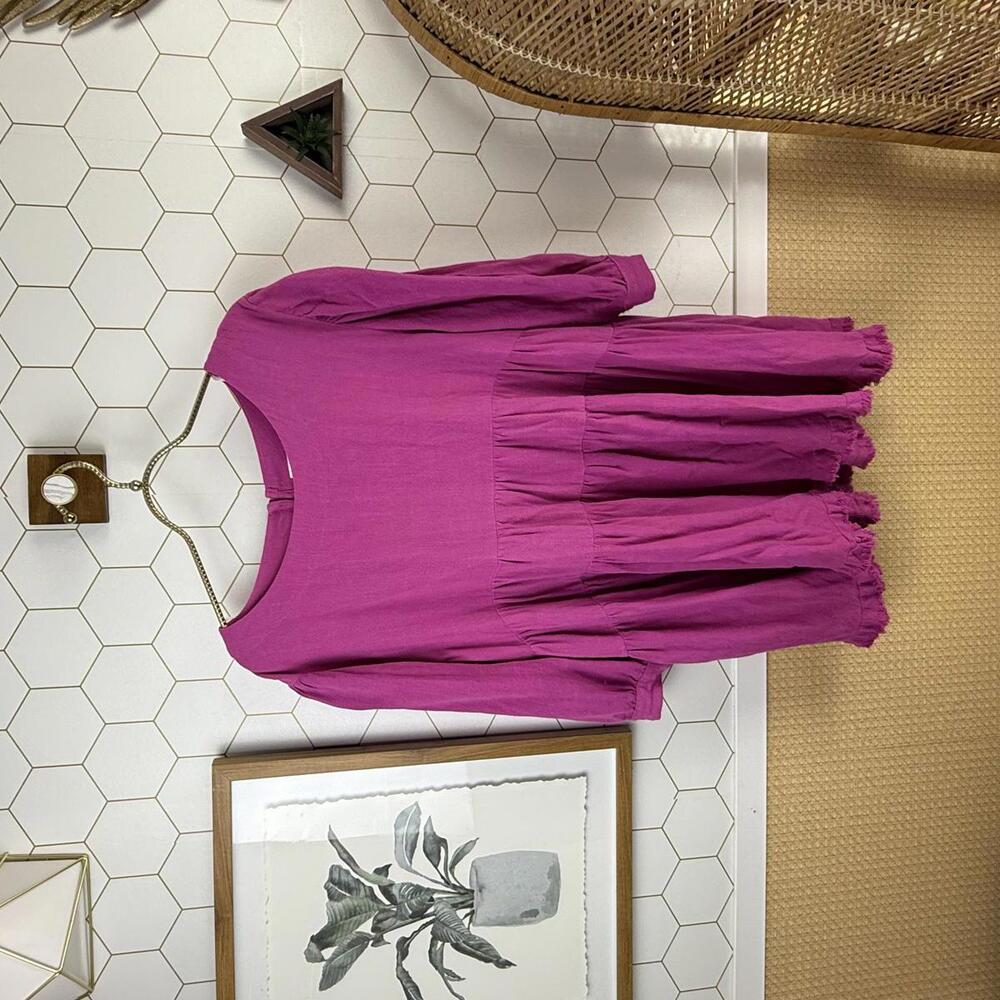 Umgee Magenta Oversized Tiered Babydoll Linen Blend Dress - Size - Small